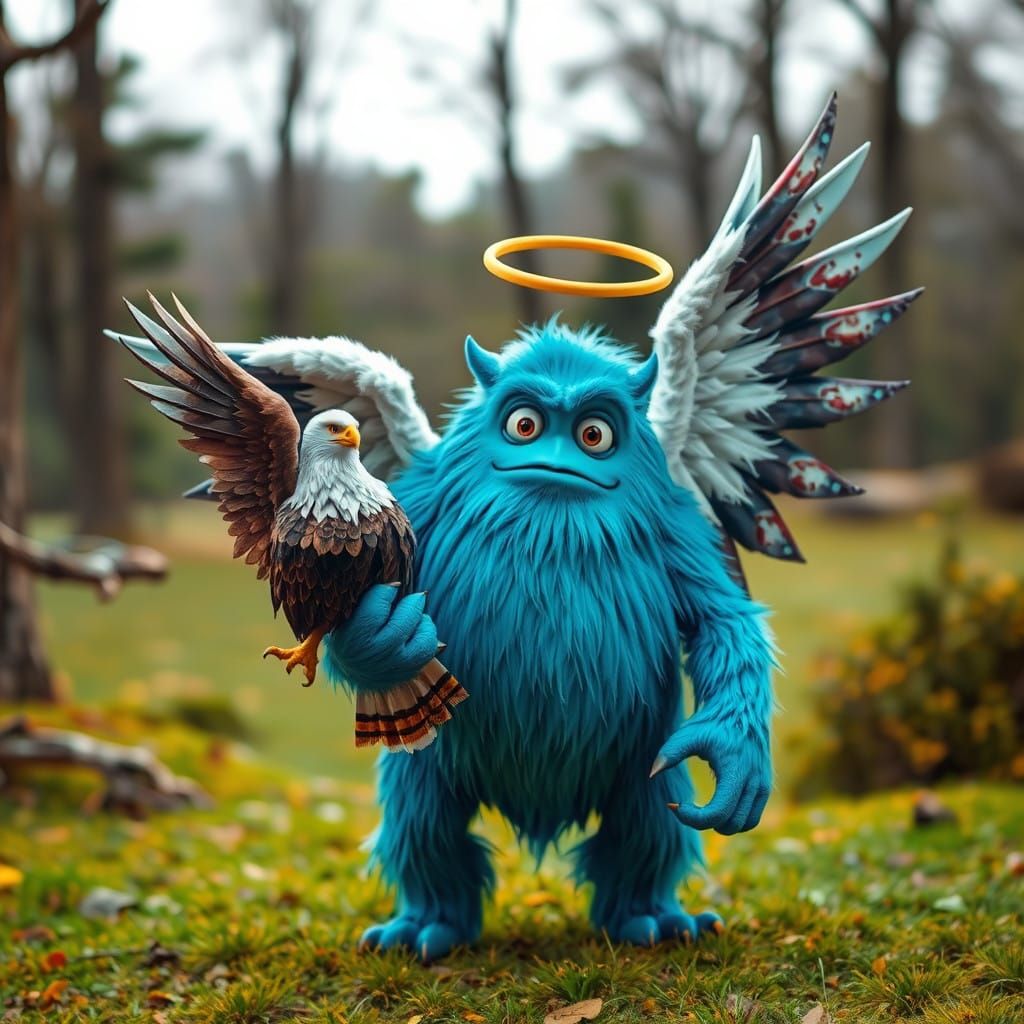 Mythical Monster Angel Cradles Fierce Monster Eagle