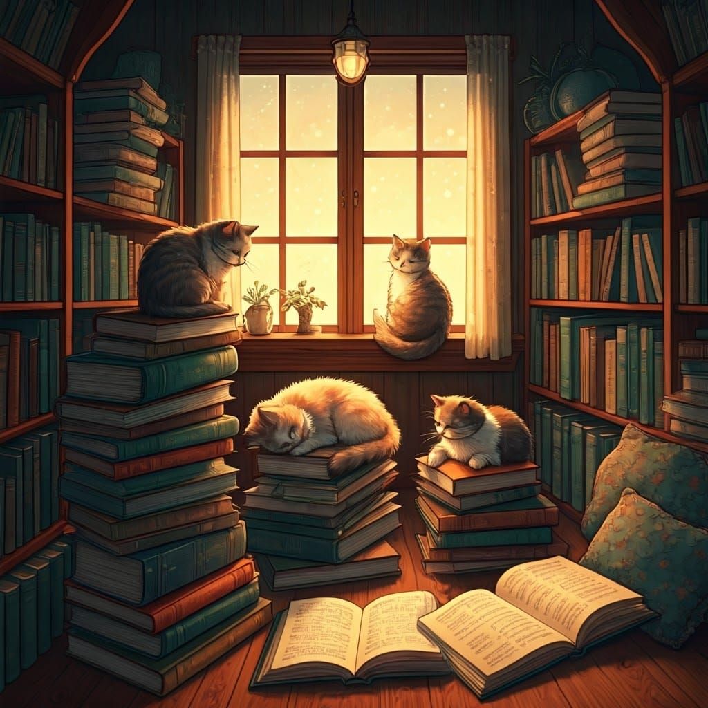 Cozy Reading Nook with Cats in Watercolor Style