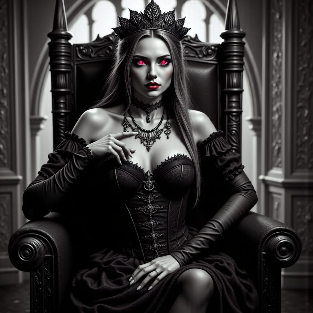 Young Blonde Vampire Queen in Full Corset and Hosiery