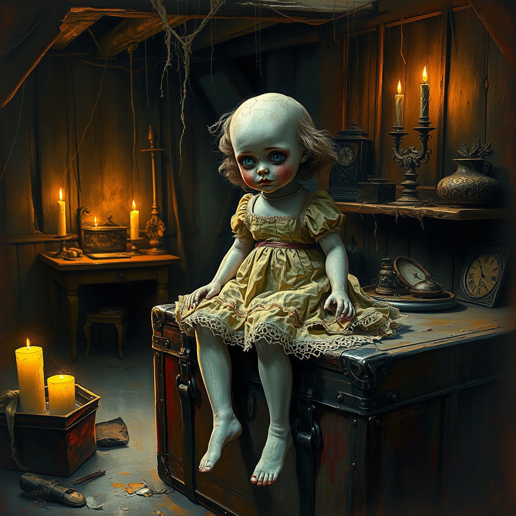 Creepy Antique Doll in Attic, Gouache Impasto Painting