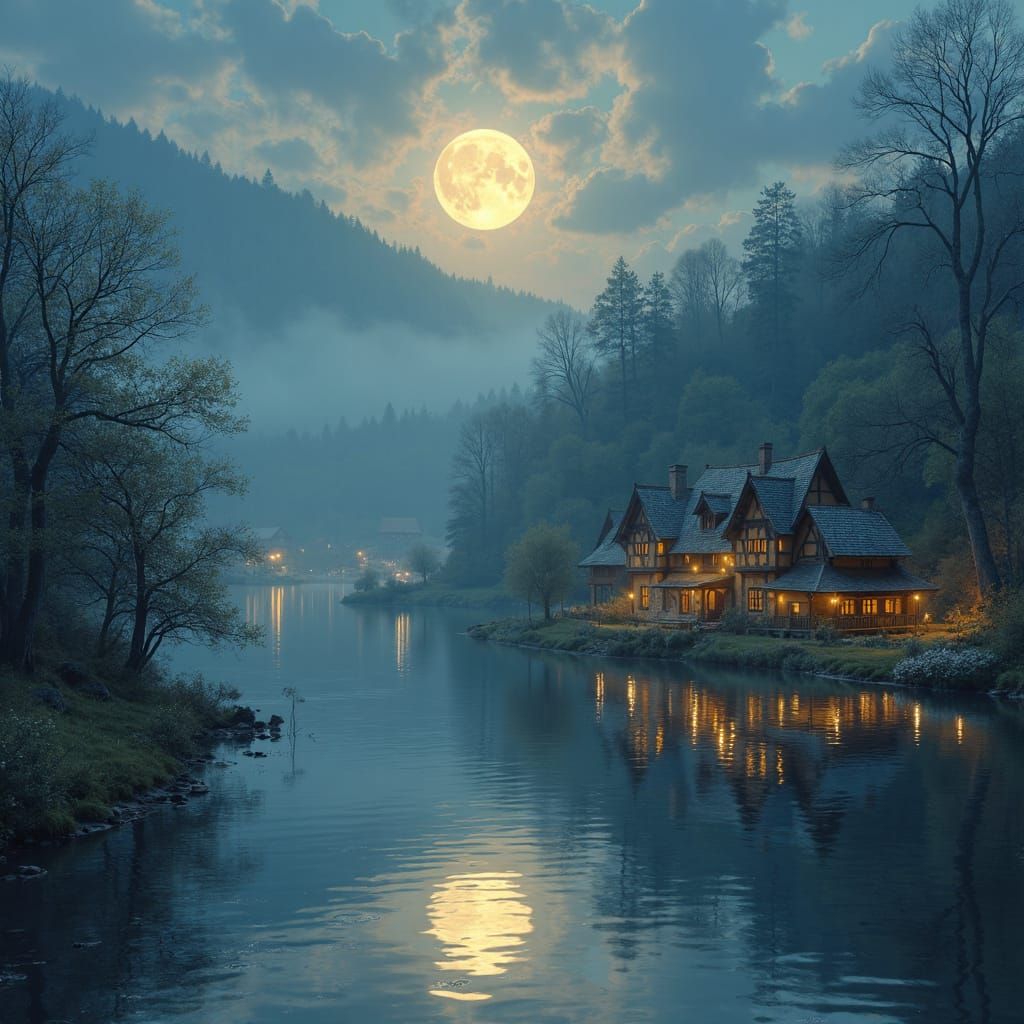 Romantic Storybook Village Reflecting in Moonlit Lake