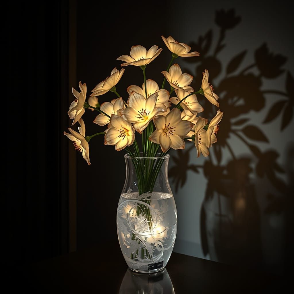 Ethereal Crystal Vase with Luminous Flowers in Darkened Room