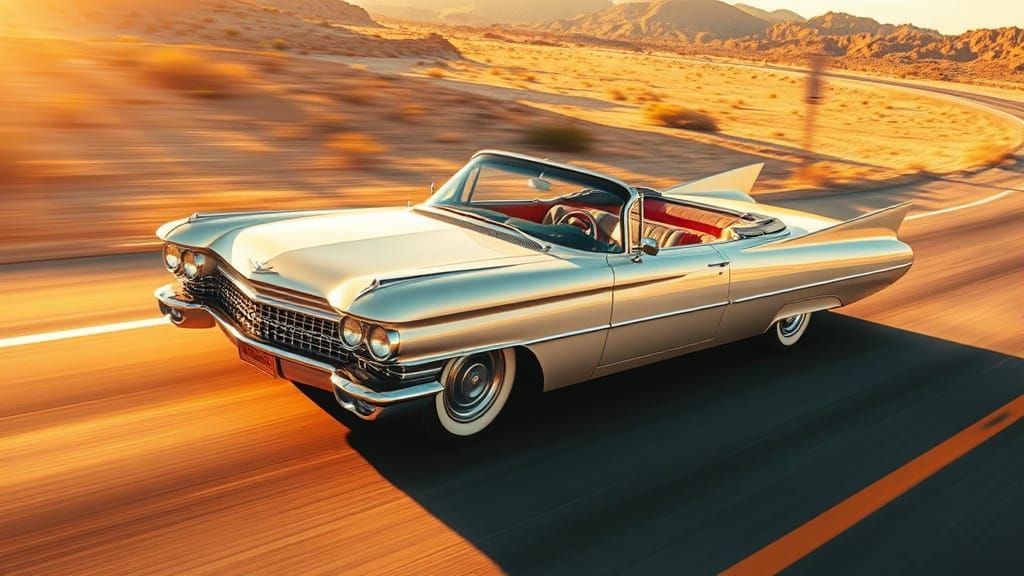 Vintage Chrome Cadillac Speeds Down Desert Highway