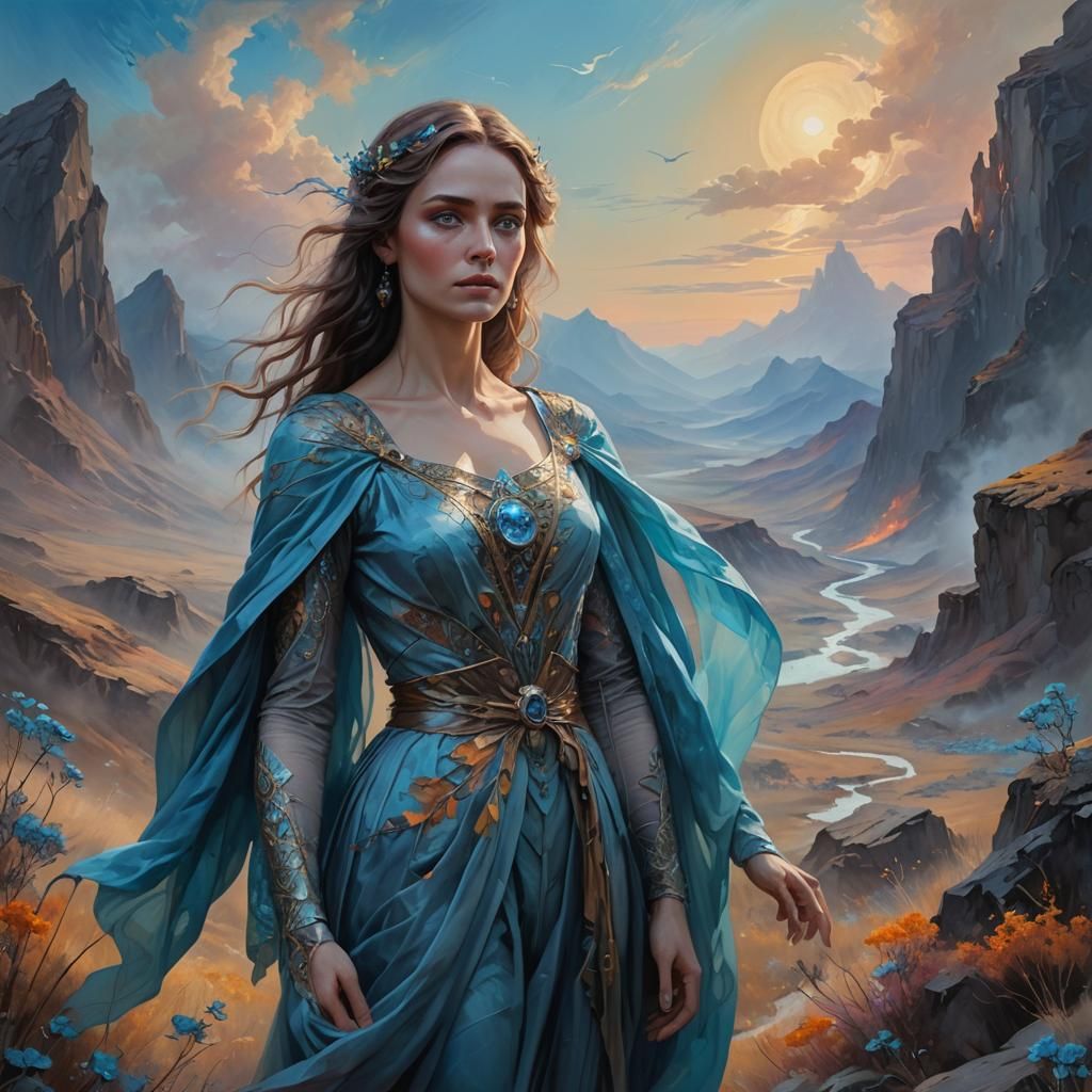 Serene Woman in a Landscape of Life and Death