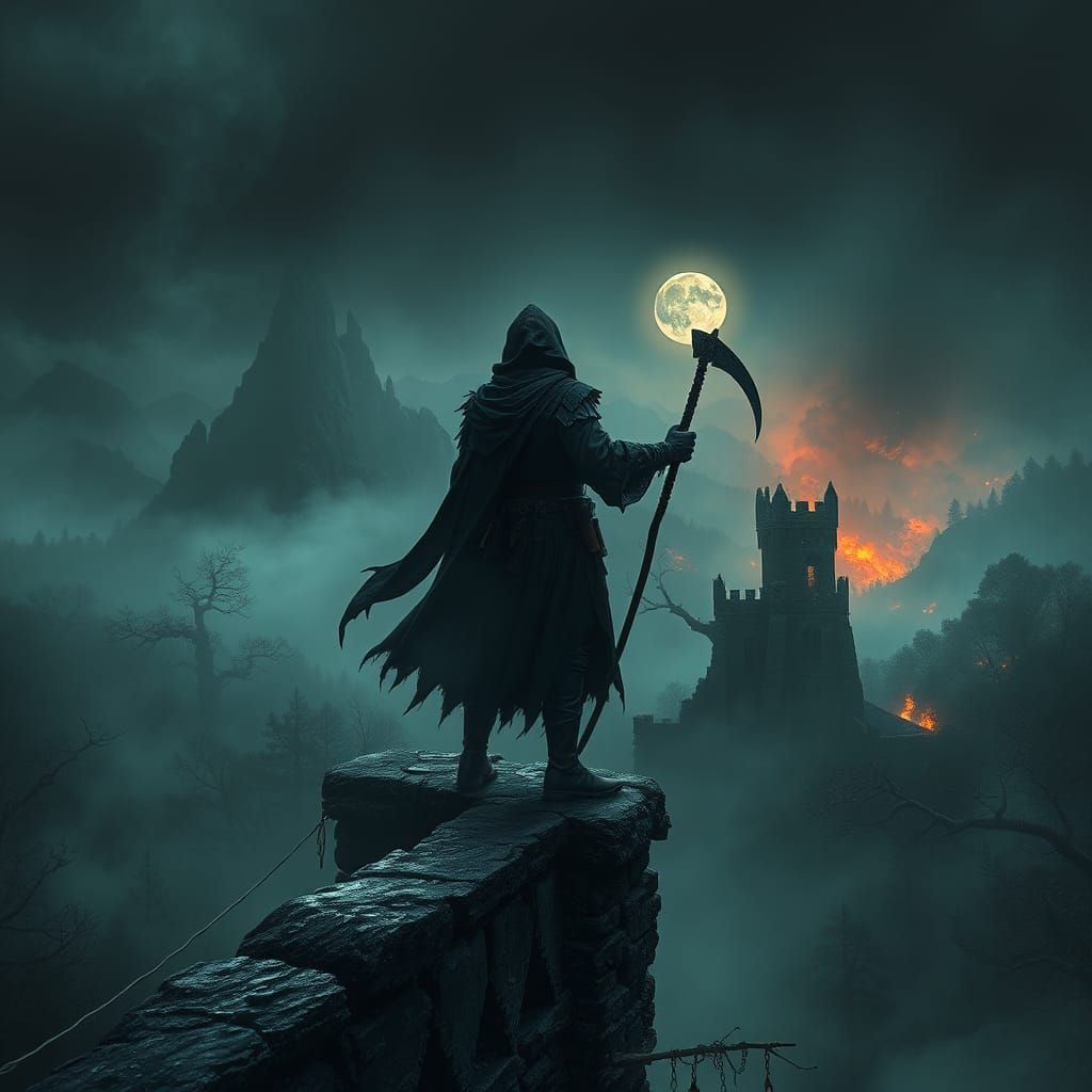 Mysterious Warrior Overlooking Twisted Landscape