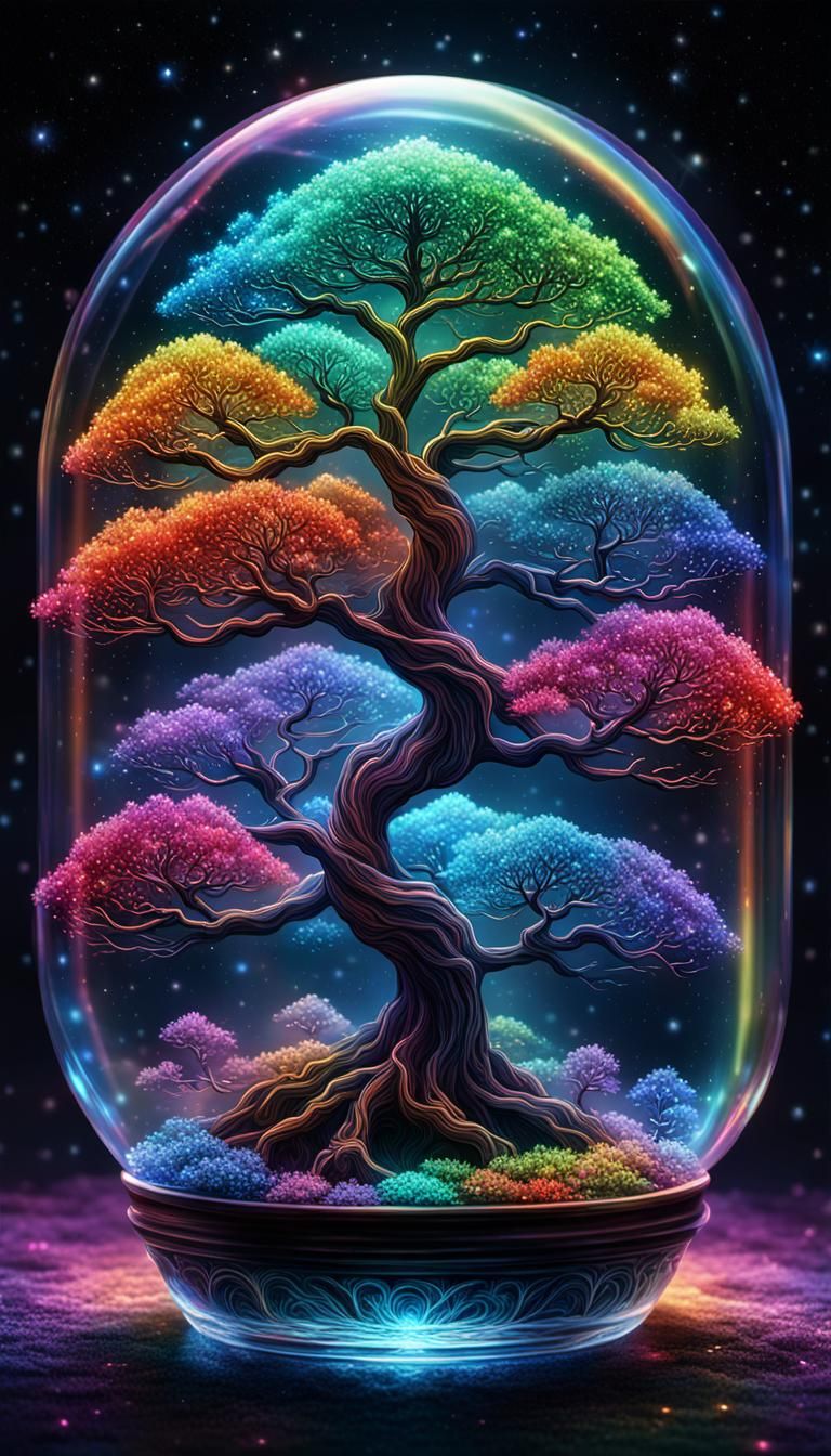 Crystal rainbow Neon bonsai tree in glass bubble,