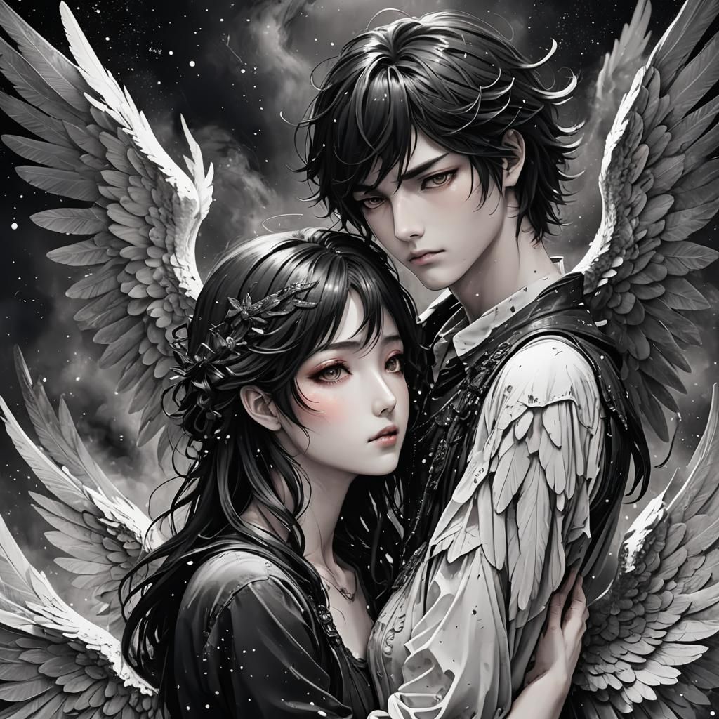 Passionate Angel Embrace Under Starry Night, 3D Rendered