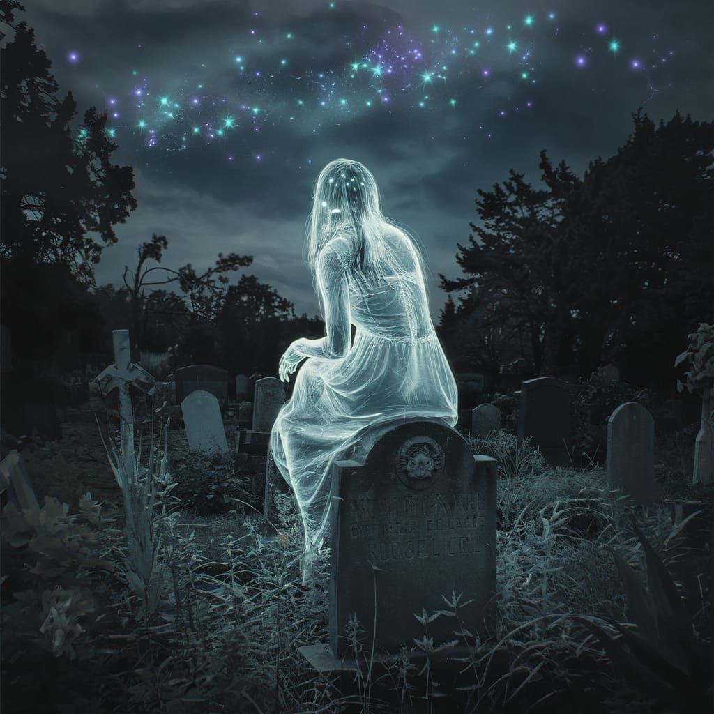 Bioluminescent Ghostly Woman in Cemetery at Night