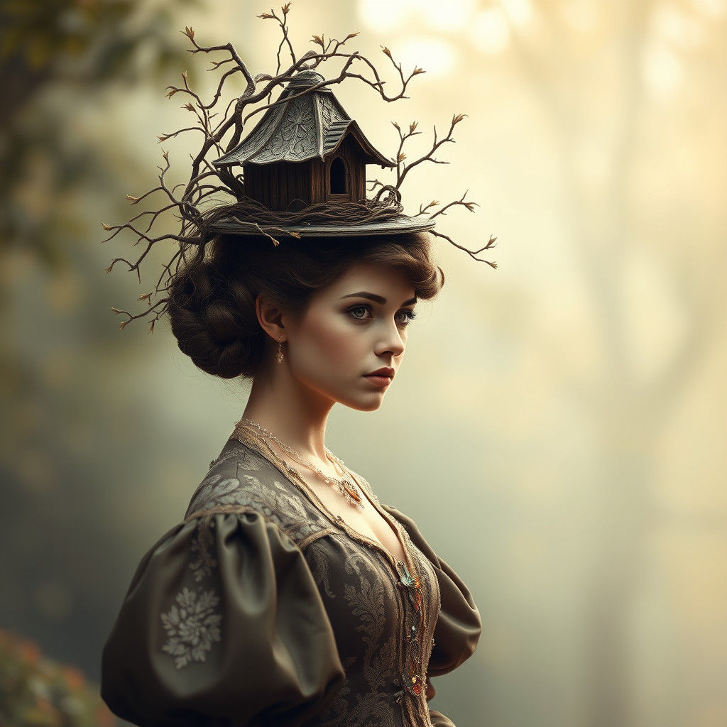 Lady in a birdhouse hat.