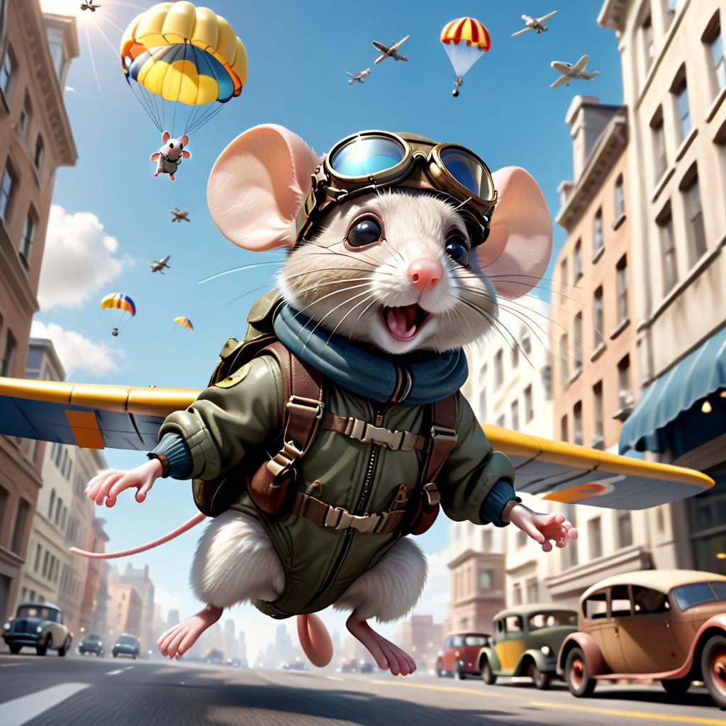 Mouse Parachuting in City: CGI 3D Render