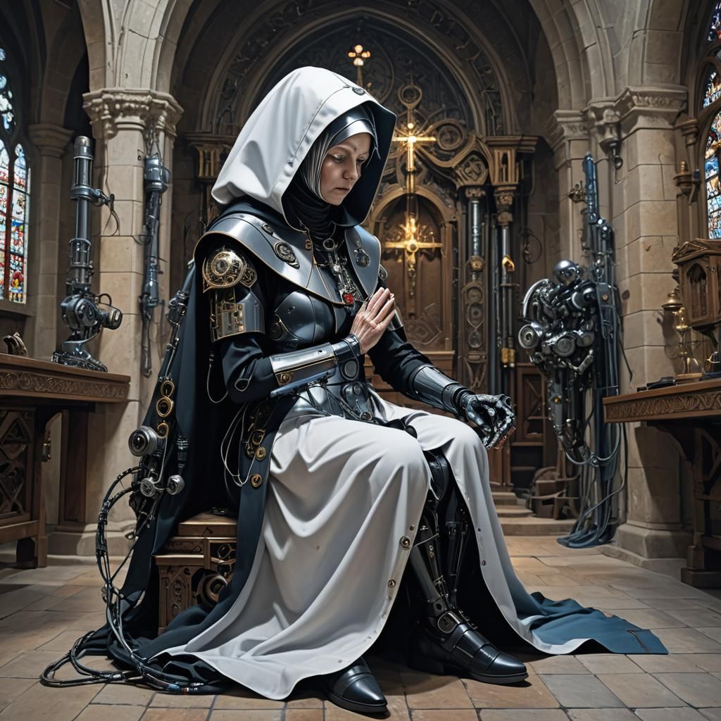 Cyborg Nun Praying in Cyberpunk Chapel