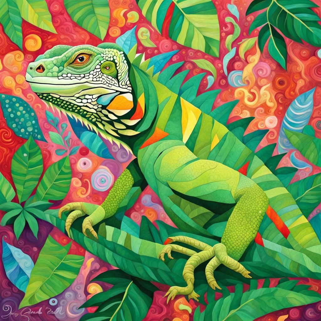 Patchwork Iguana Portrait in Rainforest Wonderland