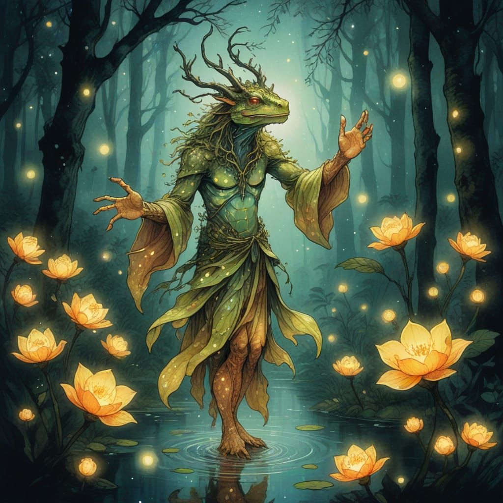 Mystical Forest Creature Dancing in Swamp, Watercolor and In...