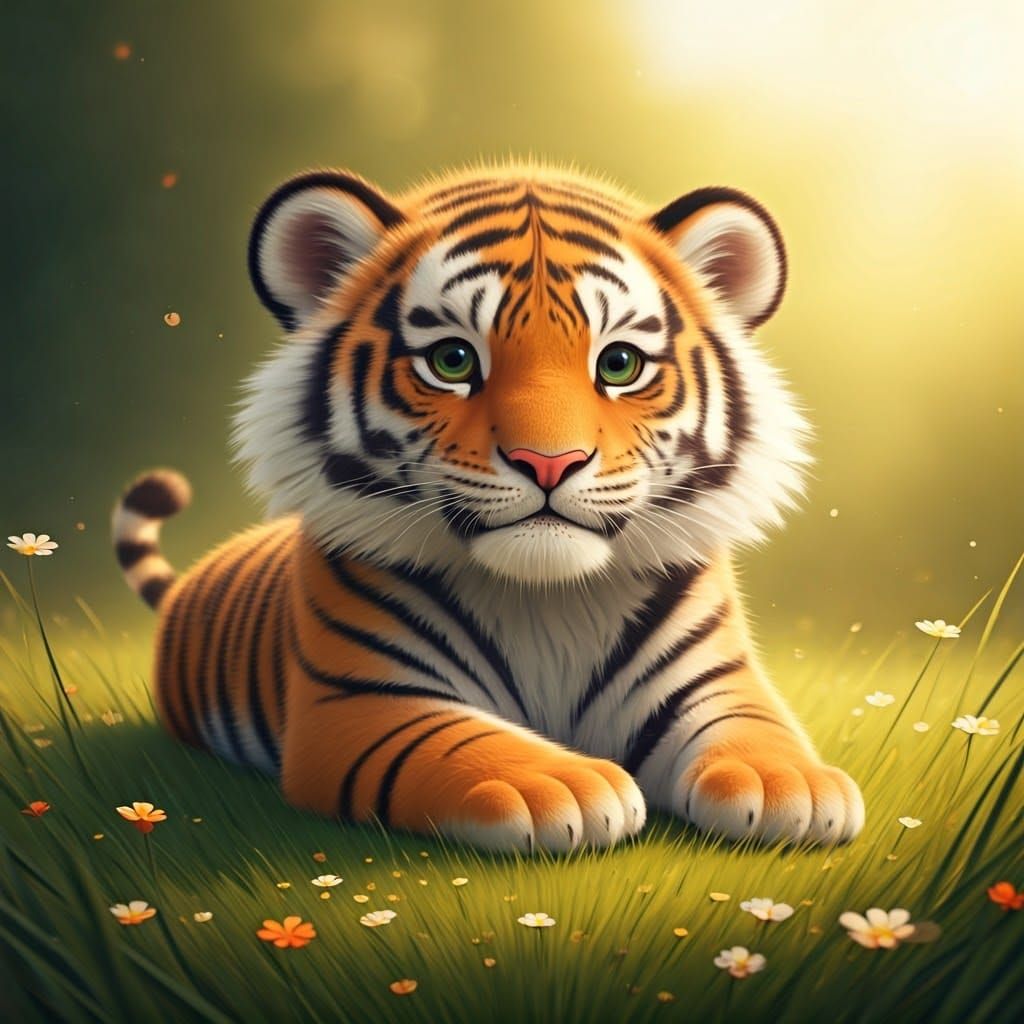 Charming 3D Tiger in a Vibrant Green Meadow
