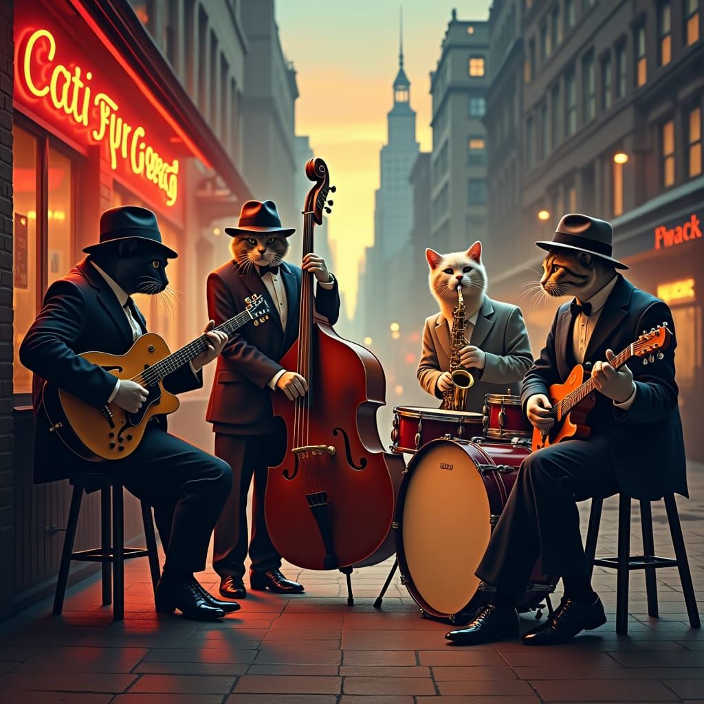 Cats Play Jazz in 1940s New York Cityscape