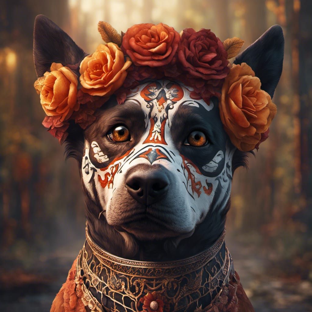 Dog with Día de los Muertos Face Paint