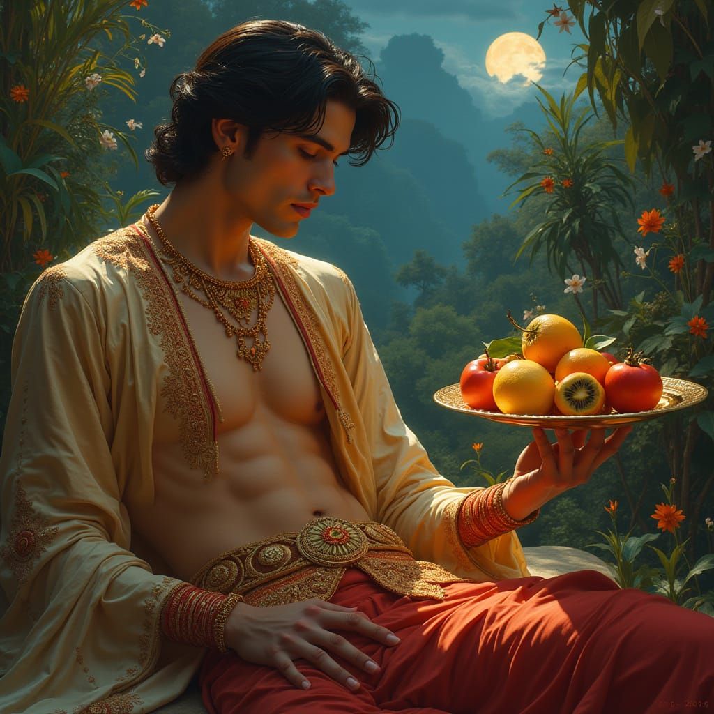 Indian Prince in Moonlit Garden with Lover, Art Nouveau Styl...