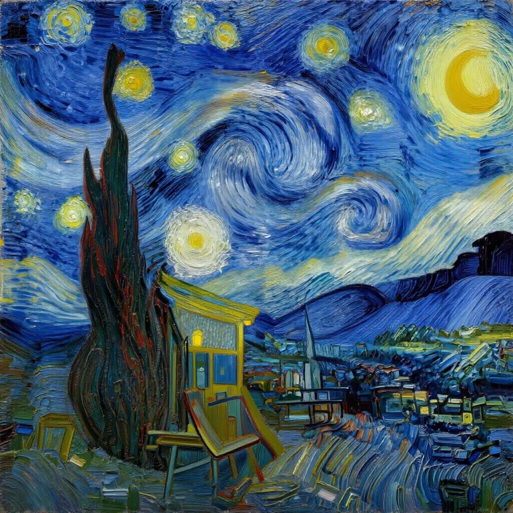 Surreal Night Cafe Under Swirling Starry Sky