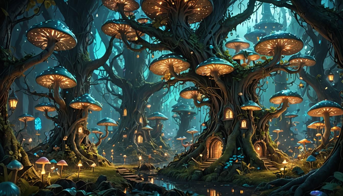 Fantasy Hedge Fairy City with Bioluminescent Details