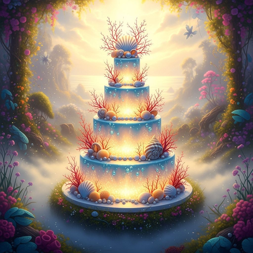 Ethereal Wedding Cake with Ocean Decorations in Fantasy Land...