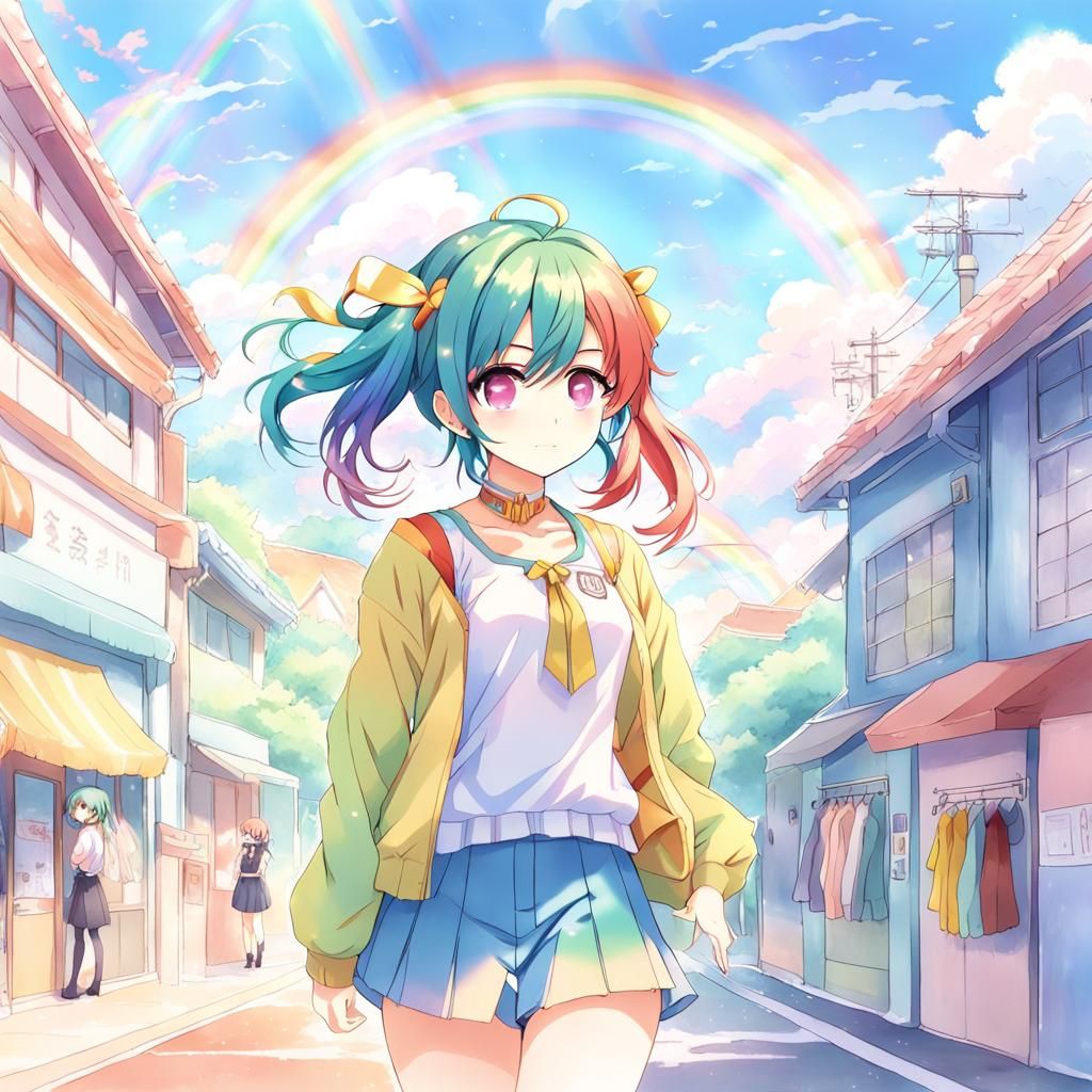 Rainbow Girl in Anime Style
