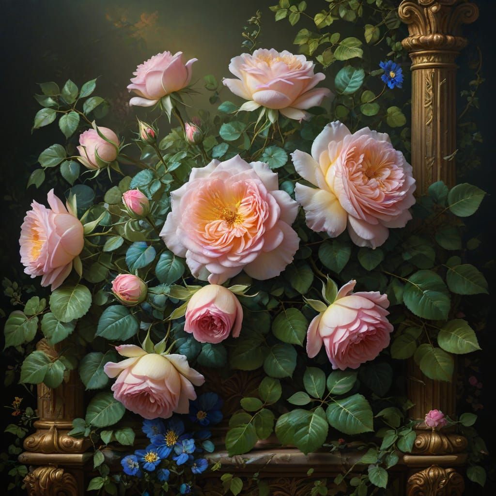 Baroque Still Life: Pink Roses and Foliage in Oil