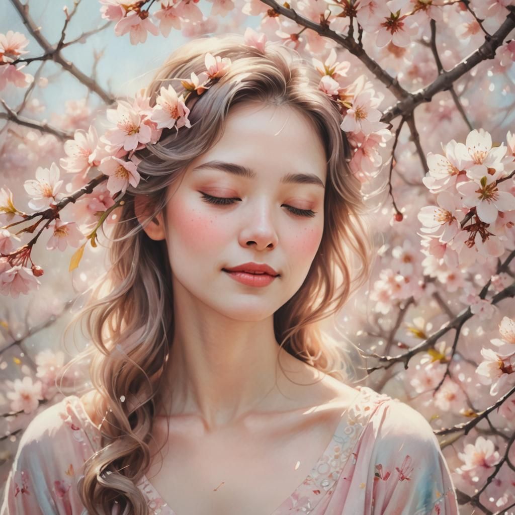 Serene Woman Surrounded by Cherry Blossoms in Watercolor