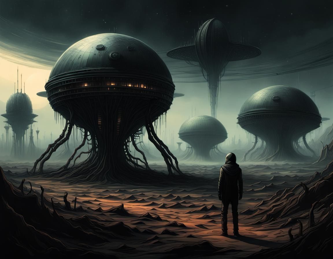 Dystopian Alien Robot Farm in Cyberpunk Style