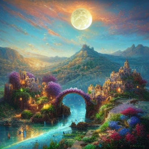 Fantasy Crescent Moon Village in Mediterranean Style