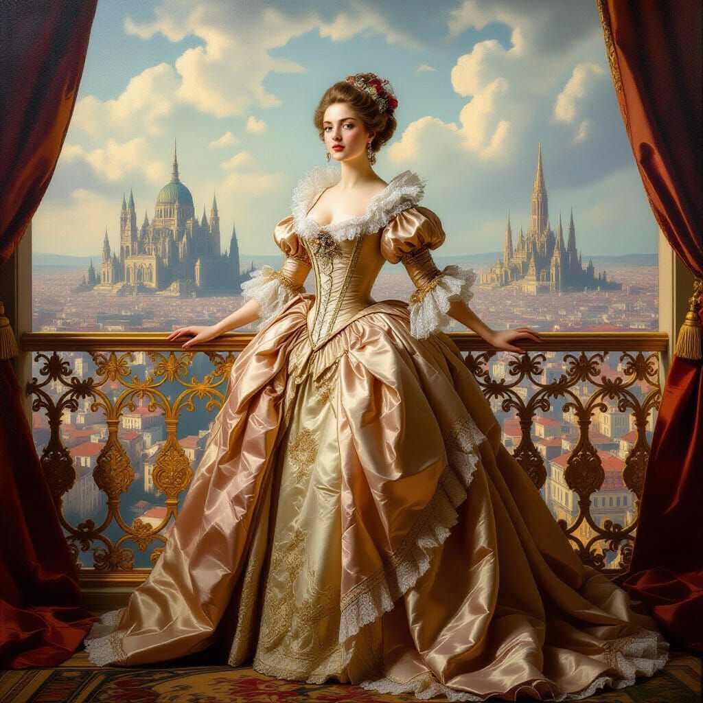 Baroque Woman on Alien Balcony, Oil Painting