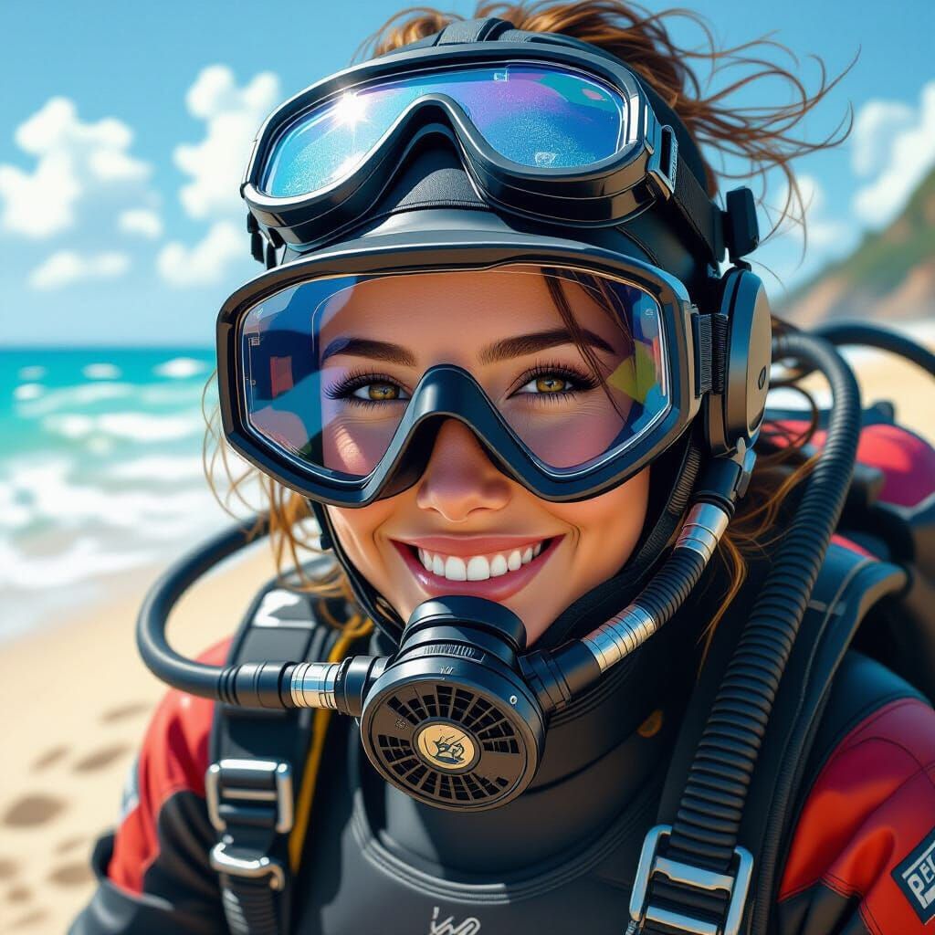 Alexandra in Diving Suit on Beach: Hyperrealistic Art