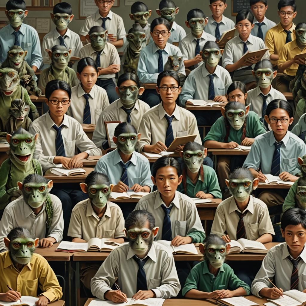Lizard Teacher in Monkey School: Hyperrealistic Classroom