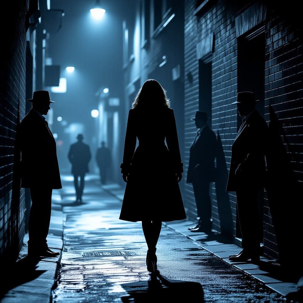 Film Noir Woman in Alleyway at Night