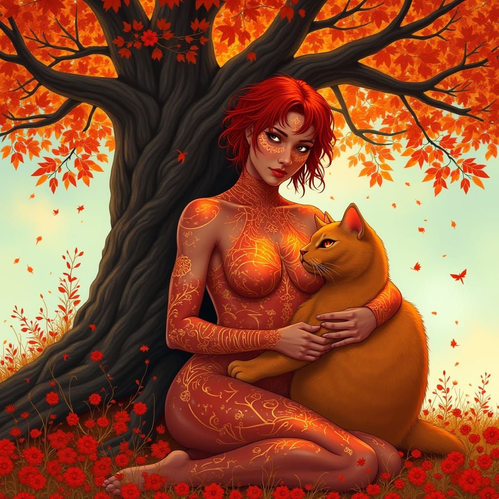 Powerful Crimson Goddess with Glowing Tattoos and Orange Fla...