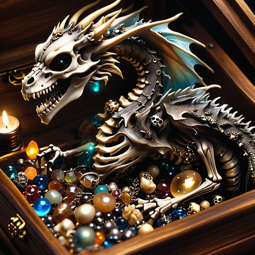 Miniature Skeleton Dragon with Glowing Jewels, Dark Fantasy ...