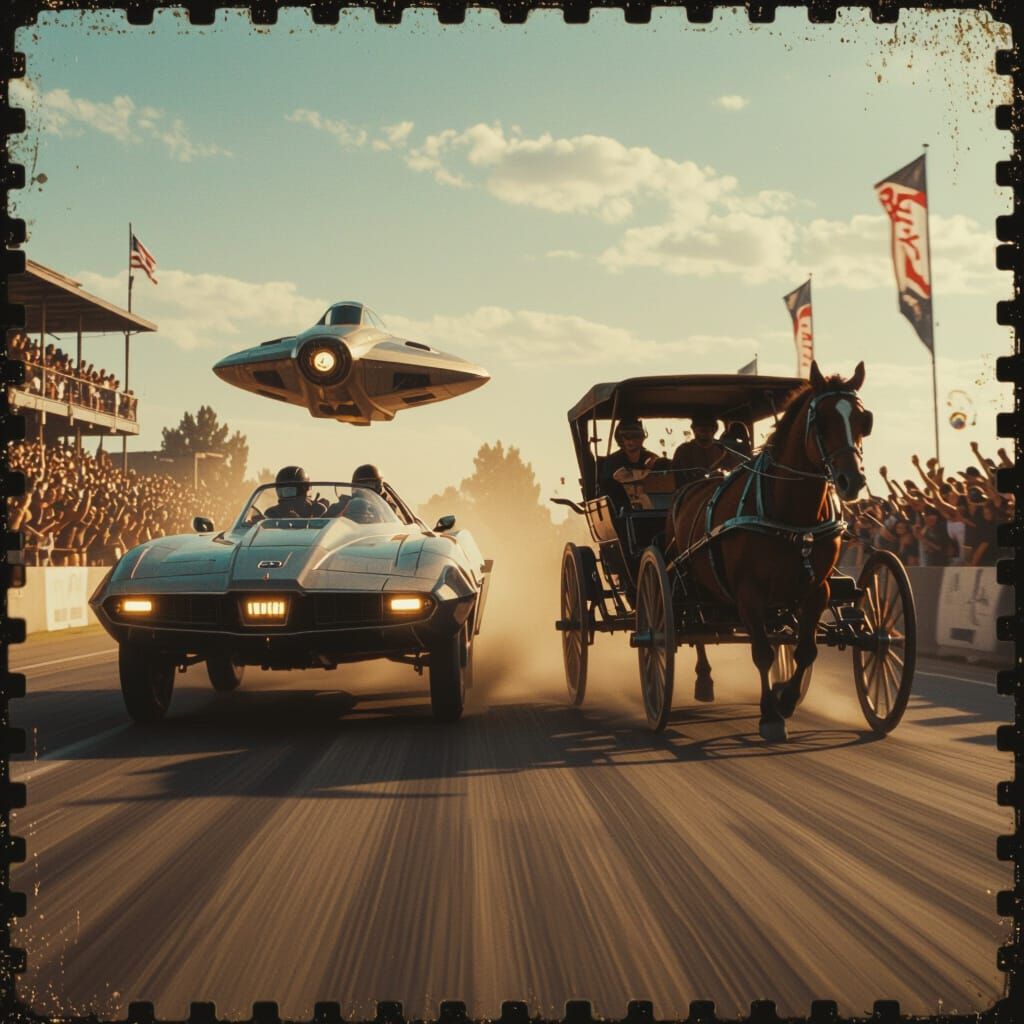 Futuristic Spaceship vs. Vintage Buggy Race in Cinematic Sty...