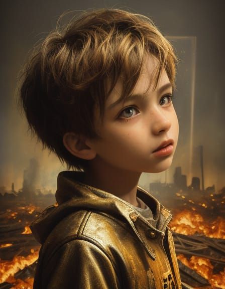 Child in Fiery Aura Amidst Ruins, Expressionist Style