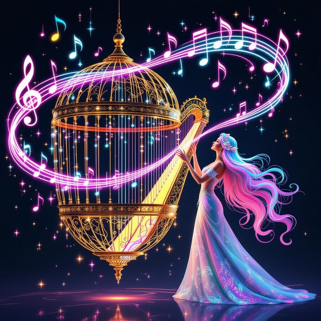 Woman with Pink Cyan Hair Interacts with Harp Birdcage