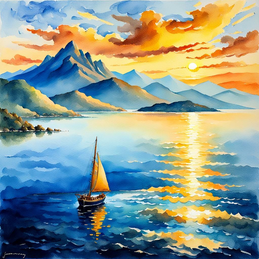 Impressionist Seascape with Ship and Mountain