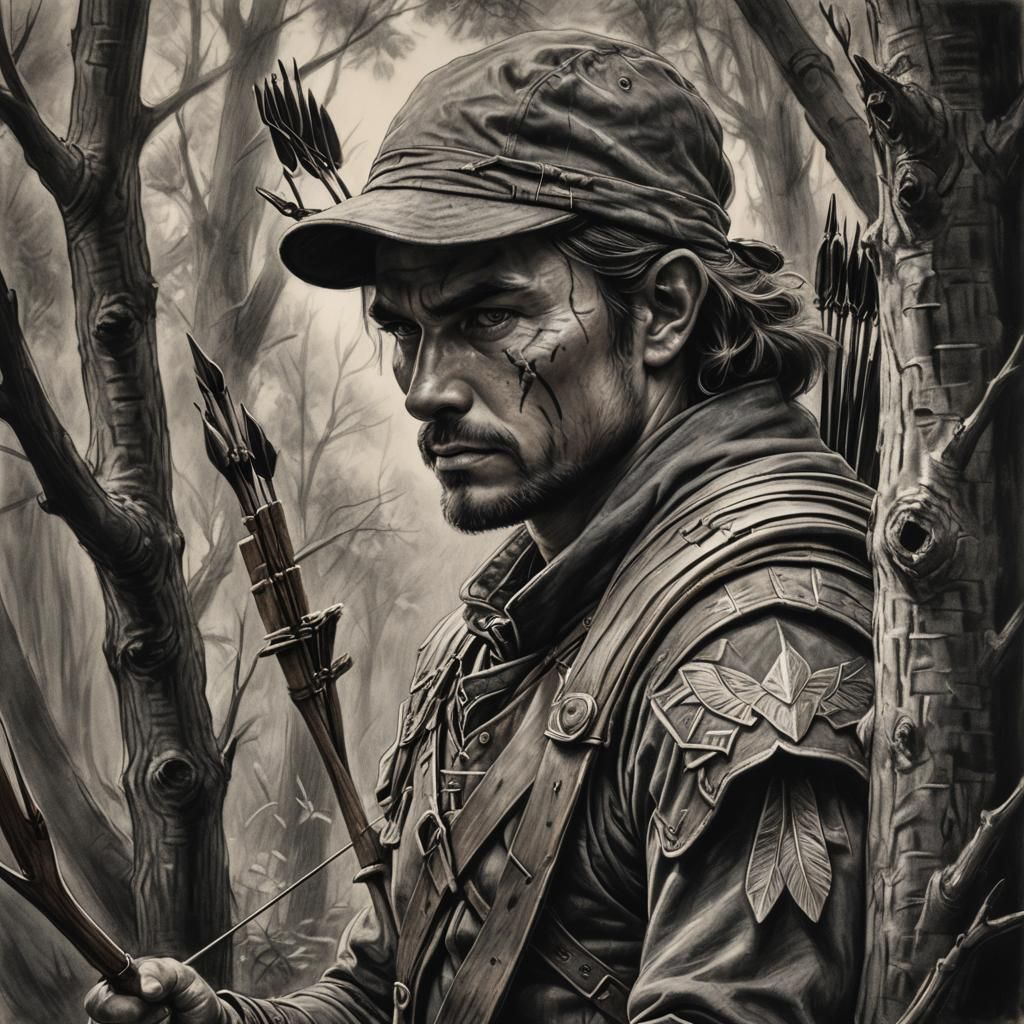 Fantasy Ranger Portrait in Charcoal Drawing Style