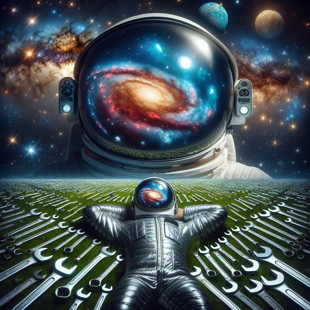 Astronaut in Wrench Garden with Galaxy Reflection