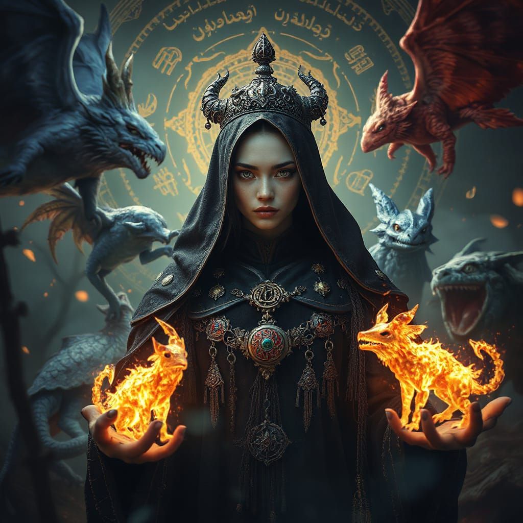 Enchanting Necromancer Surrounded by Fantastical Creatures