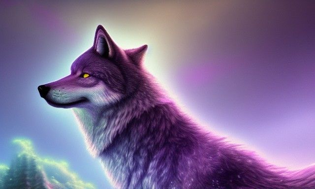 Purple Wolf in Holographic Astral Dreamscape