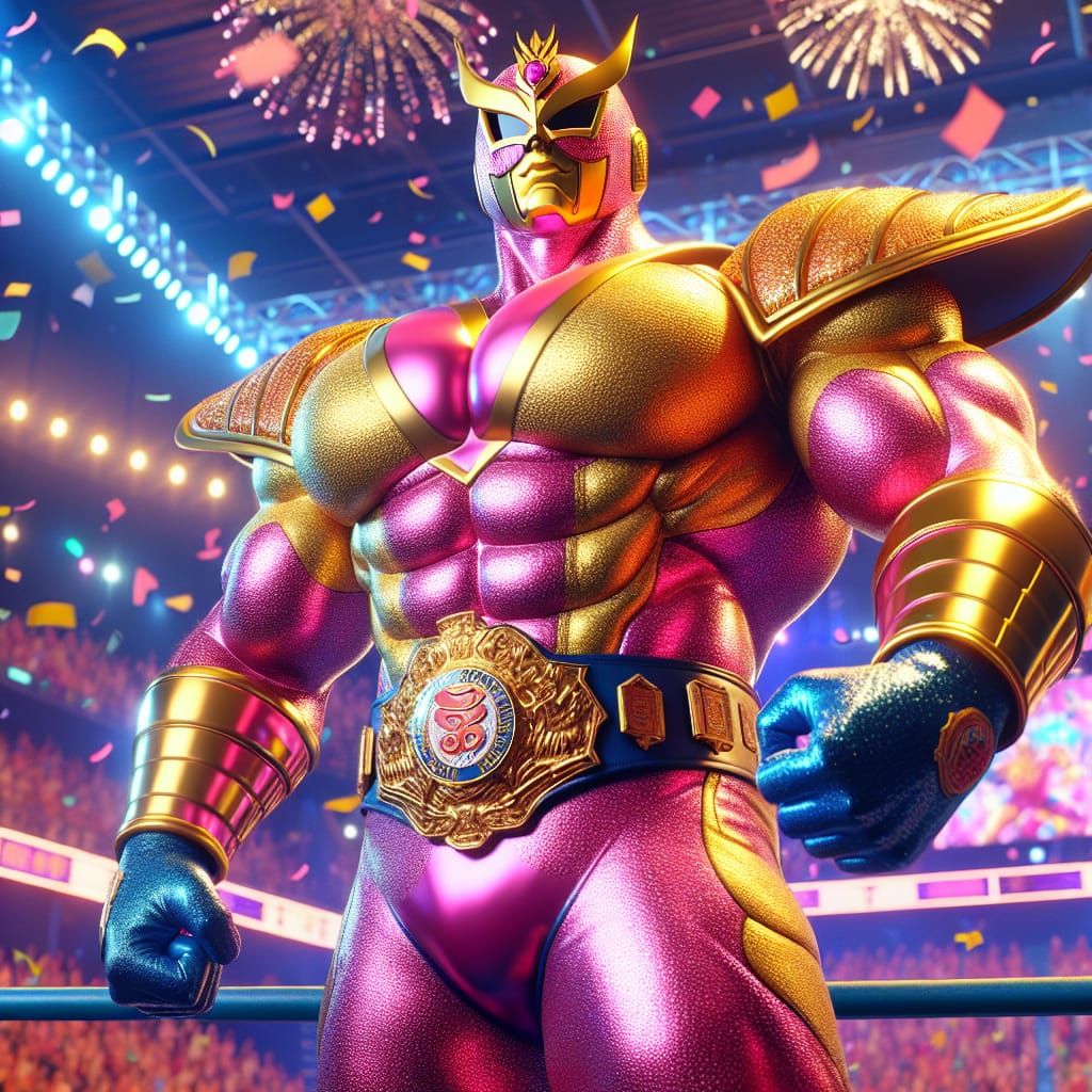 Flamboyant Wrestler Celebrates Victory in Arena