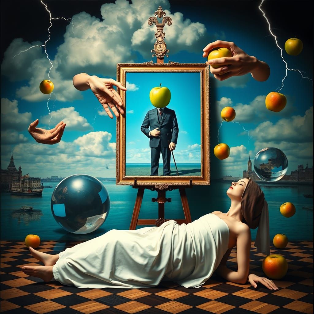 Surreal Masterpiece: Magritte & Dalí Inspired Dreamscape