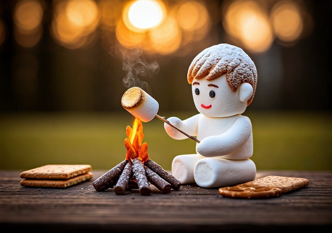 Marshmallow Boy Roasting Marshmallow at Sunset