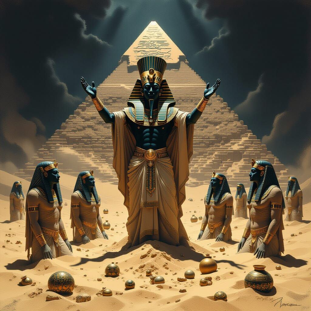 Egyptian God Raises Mummies to Build Pyramid