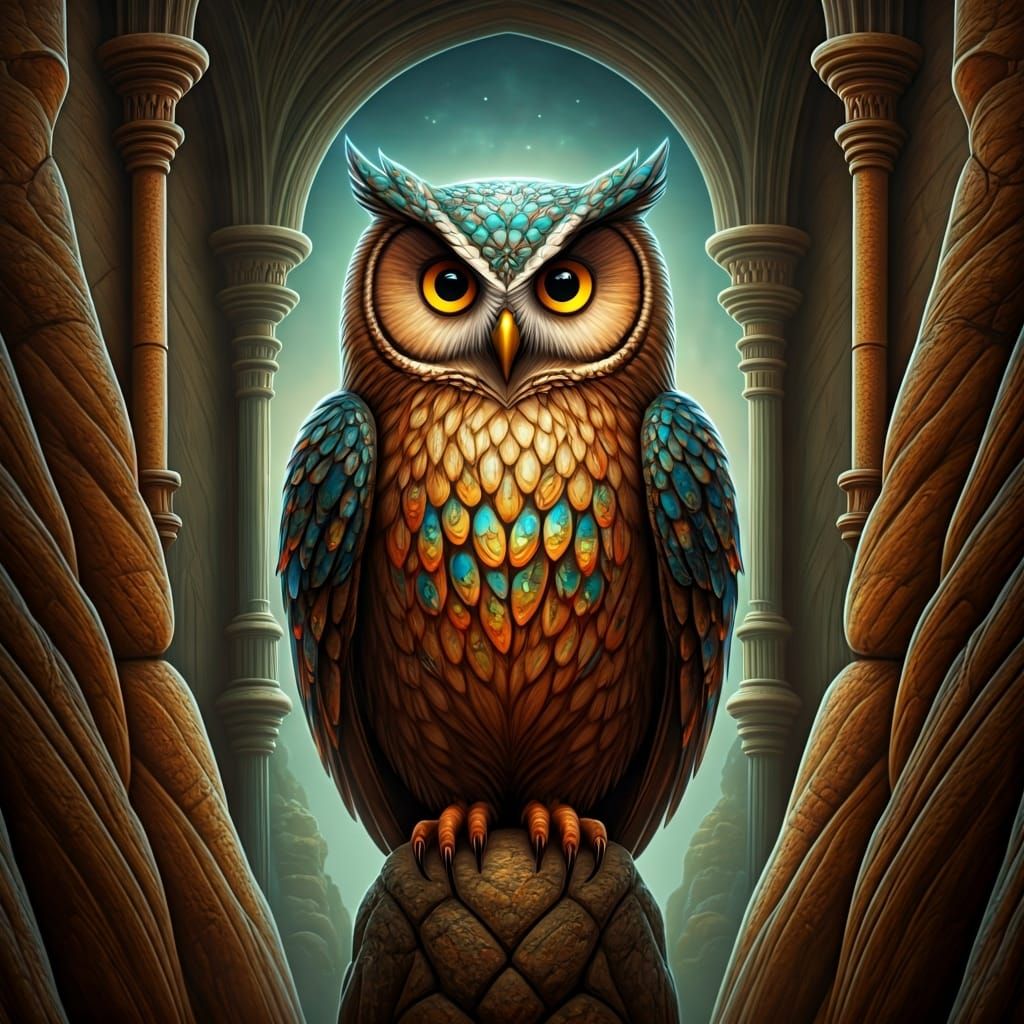 Stained Glass Owl on Cliff at Dusk