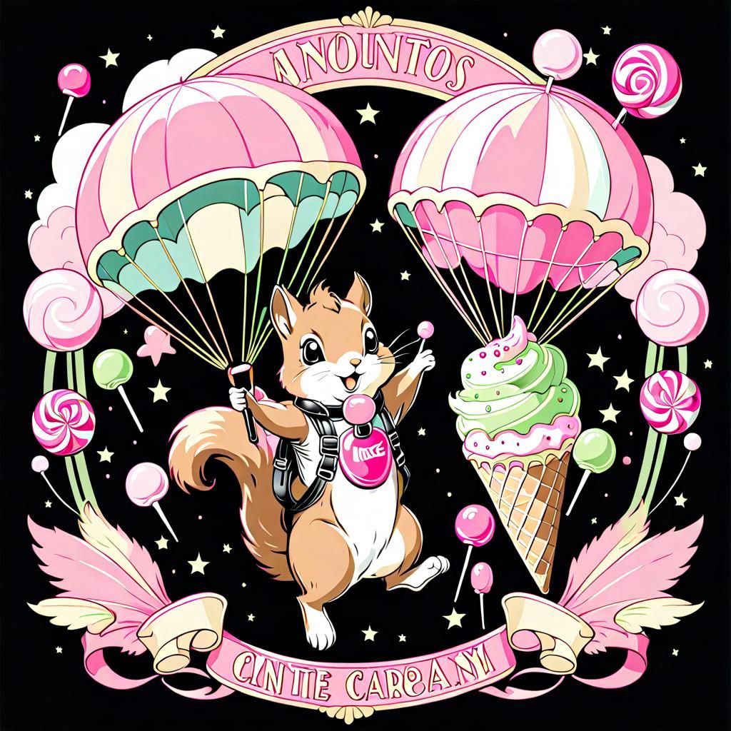 Art Nouveau Skydiving Squirrel with Candy Parachutes
