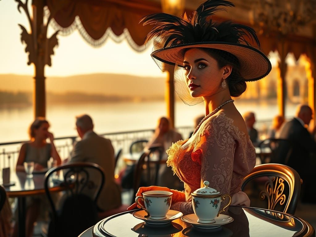 Romantic 19th Century Cafe Scene on the Lake Shore